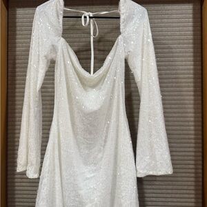 Sequin Cowl-Back Long Sleeve White Dress